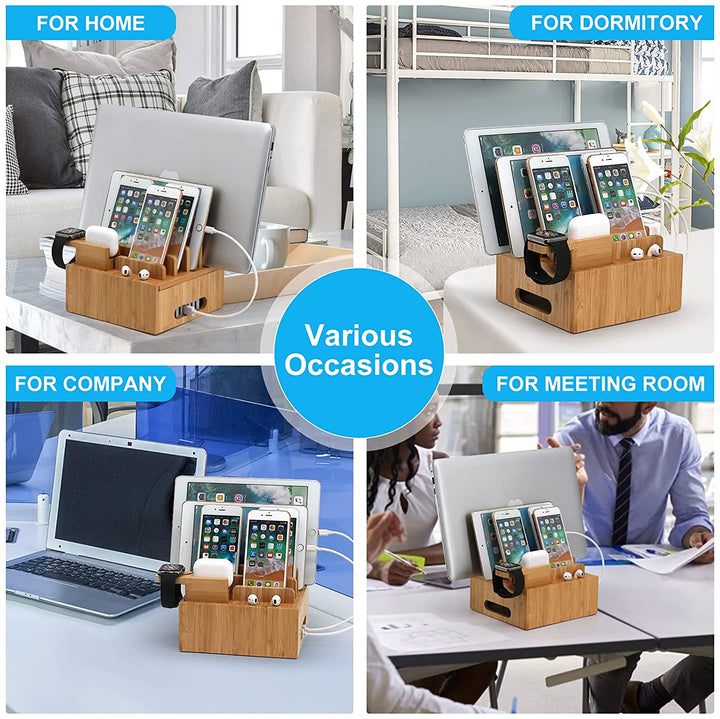 Accessoire de maison en bambou : station de charge USB design. Optimise l'espace bureau.