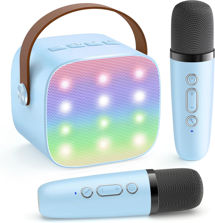 Mini karaoké enfant portable avec 2 micros sans fil, enceinte intégrée pour musique et chant divertissant.