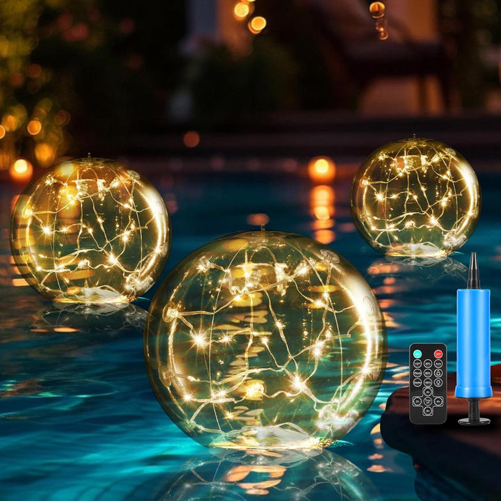 Lampe solaire LED flottante multicouleur pour piscine, étanche, créant une ambiance lumineuse extérieure.