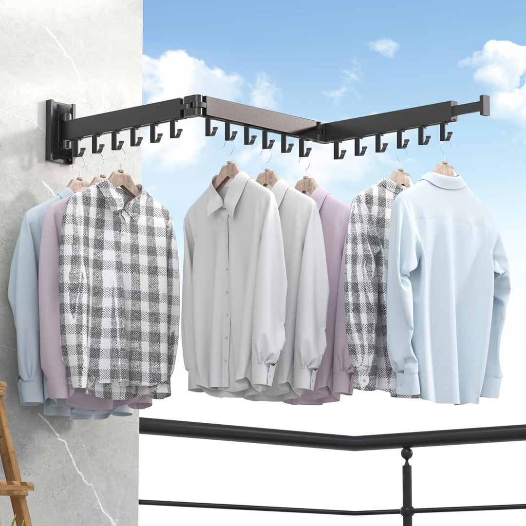 Étagère murale pliable noire pour séchage du linge en aluminium, idéale pour buanderie et balcon.