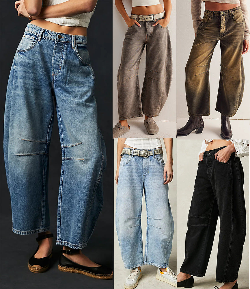 Jean barrel femme, style urbain, coupe ample et jambe large stretch.