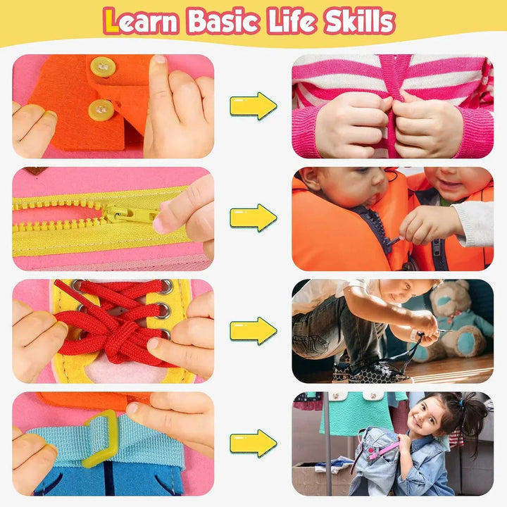 Gros plan: activité tableau Montessori éducatif, jouet sensoriel pour motricité fine du tout-petit.
