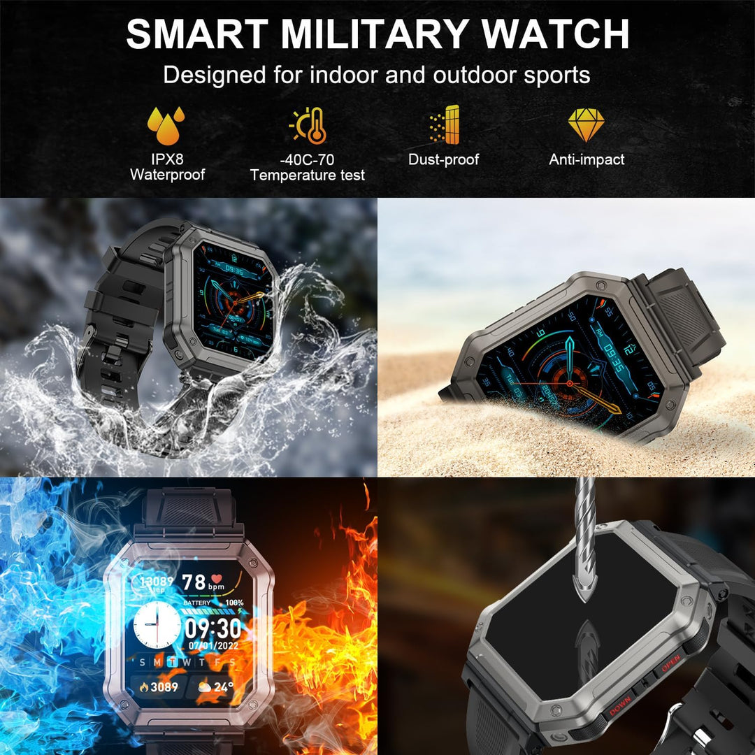 Smartwatch militaire étanche pour hommes, parfaite pour le suivi d'activité outdoor et fitness. Grande autonomie.