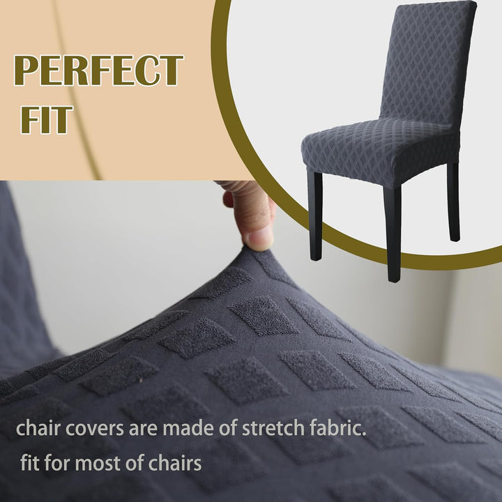 Détail: Tissu polyester extensible housse de chaise motif diamant. Accessoire maison résistant.