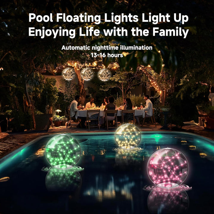 Décoration lumineuse LED solaire flottante pour piscine. Crée une ambiance extérieure magique et colorée.