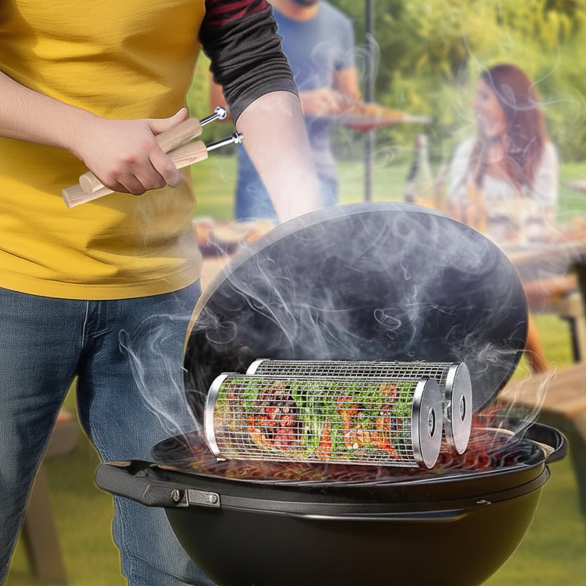 Ustensile de barbecue: panier de cuisson en acier inoxydable pour griller délicatement poissons et légumes d'été.