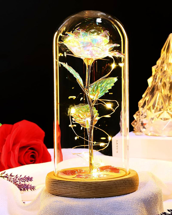 Lampe de table LED rose éternelle sous cloche en verre. Idéale pour décoration intérieure et ambiance.