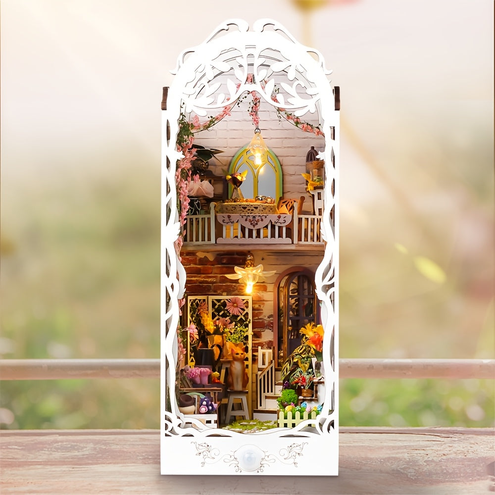 Puzzle 3D bois, maison fleurie blanche avec lumières LED et housse anti-poussière. Maquette lumineuse.