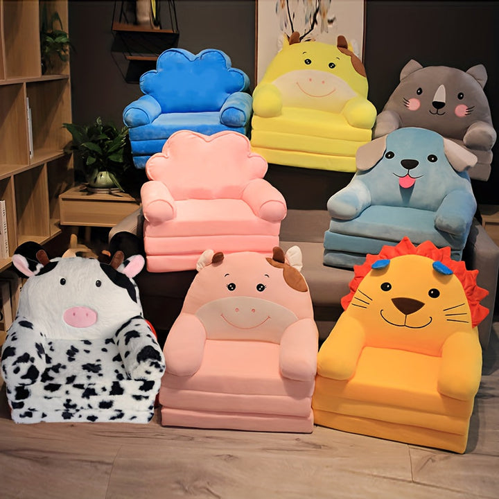 Chaise enfant en peluche grise, se déplie en lit pour des siestes confortables. Lavable.