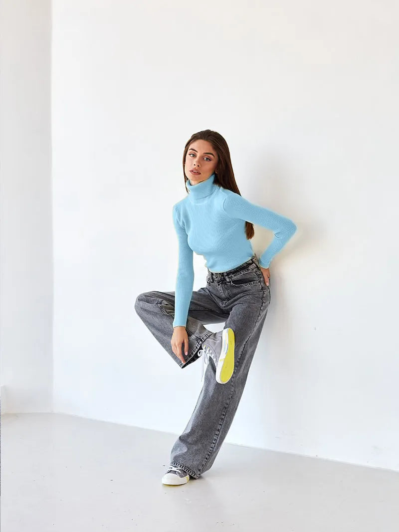 Pull femme élégant à col roulé, texture douce et agréable, parfait pour le quotidien ou les soirées.