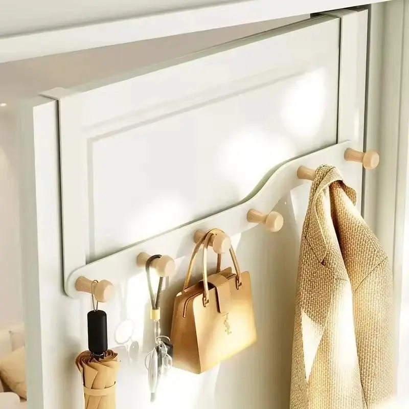 Rangement mural sans perçage : crochet de porte avec 6 patères en bois pour vestes, sacs, serviettes dans l'entrée/chambre.