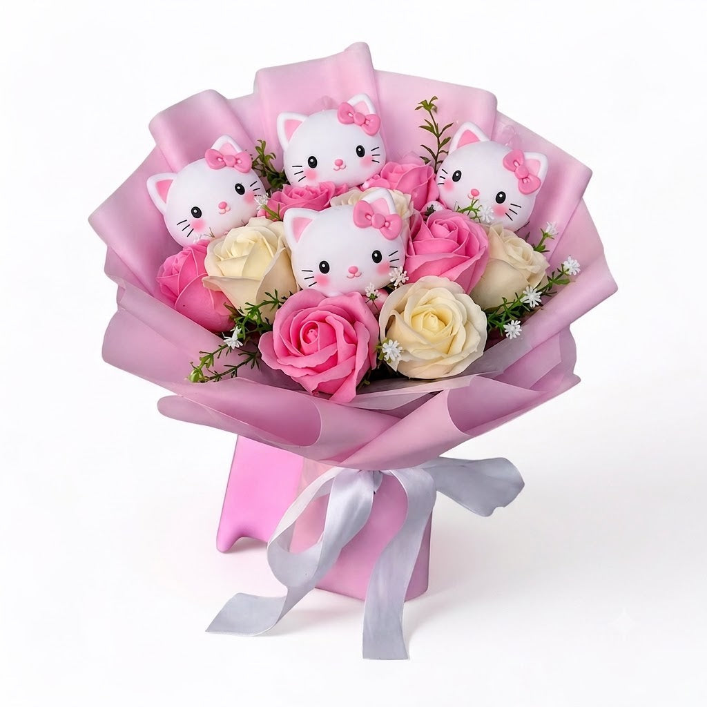 Bouquet de fleurs synthétiques colorées avec figurines de chaton, idéal cadeau d'anniversaire fantaisie.