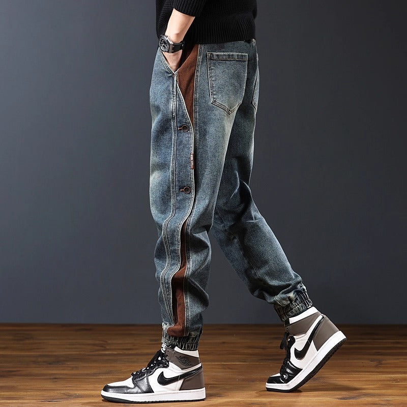Pantalon jeans jogger pour hommes, confortable avec taille élastique. Idéal pour un look streetwear décontracté.