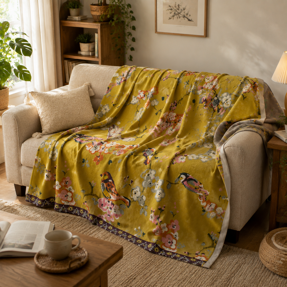 Plaid en coton doux à motif floral jacquard avec pompons. Idéal pour le confort maison et la literie bohème.