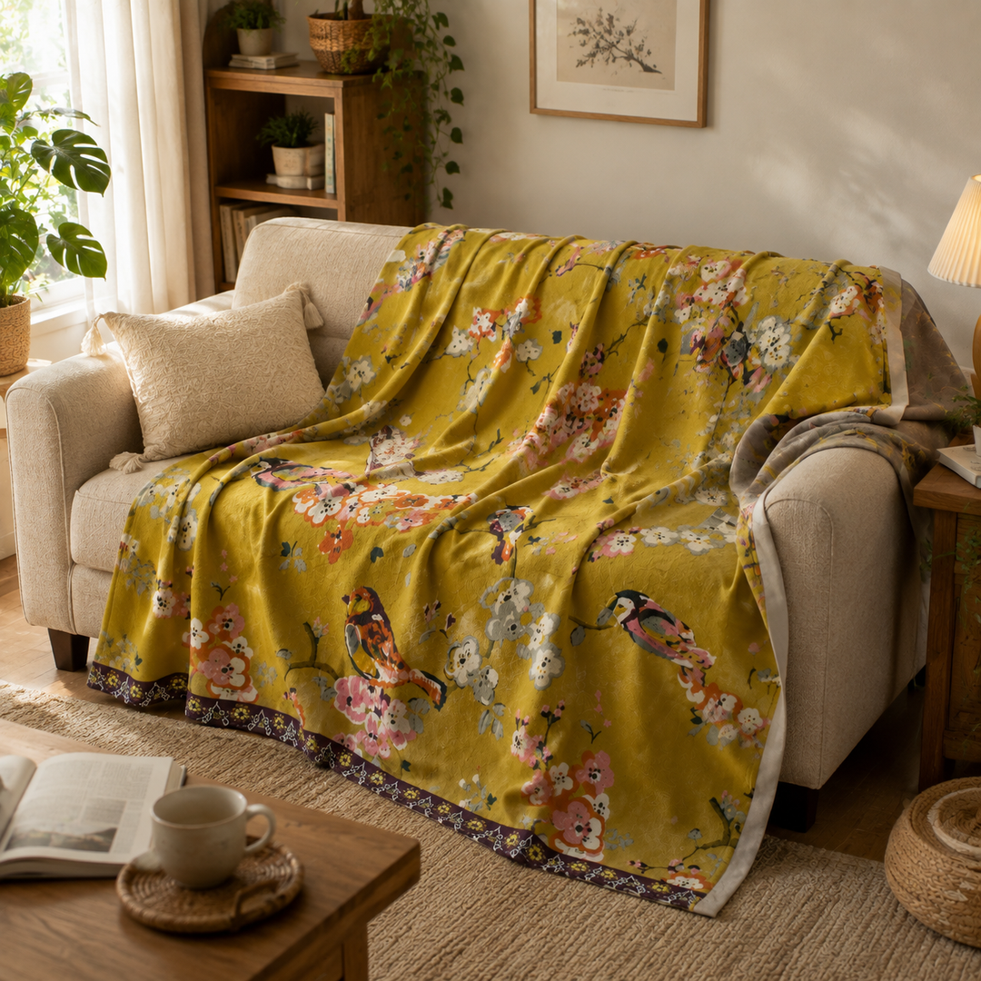 Plaid en coton doux à motif floral jacquard avec pompons. Idéal pour le confort maison et la literie bohème.