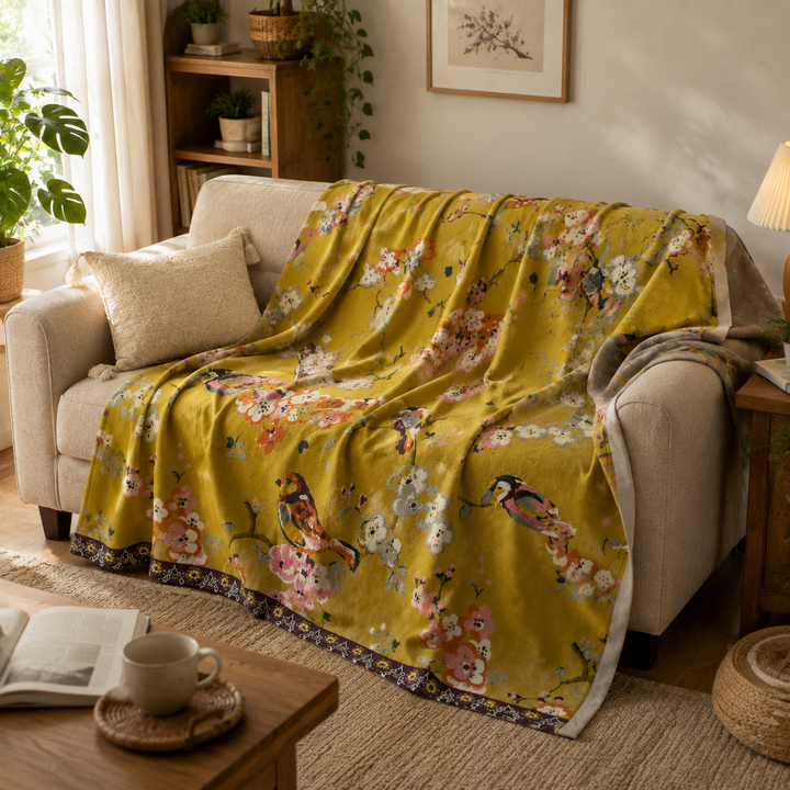 Plaid en coton doux à motif floral jacquard avec pompons. Idéal pour le confort maison et la literie bohème.