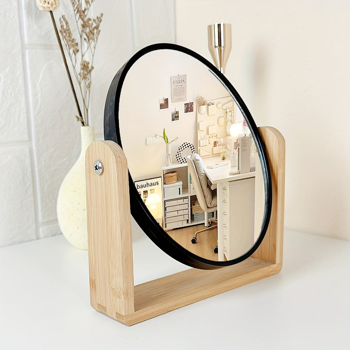 Miroir de maquillage pivotant double face en bambou, idéal pour coiffeuse et soins visage.
