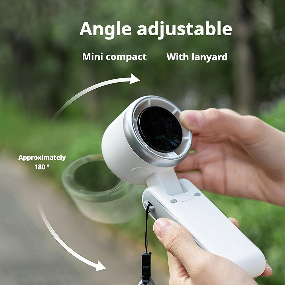 Petit ventilateur personnel rechargeable 3-en-1, design compact, parfait pour bureau ou sac.