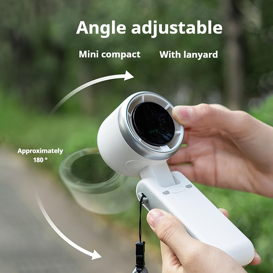 Petit ventilateur personnel rechargeable 3-en-1, design compact, parfait pour bureau ou sac.