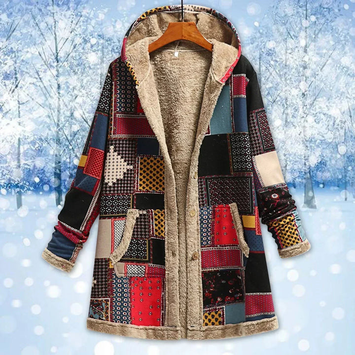Veste femme patchwork multicolore à capuche, idéale pour l'automne-hiver, style unique et décontracté.
