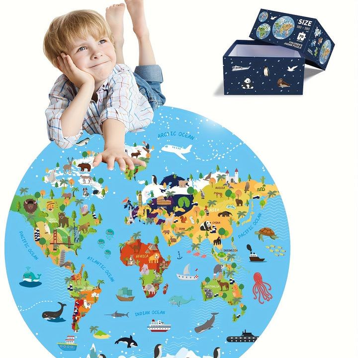 Puzzle rond de sol 70 pièces, carte du monde avec animaux pour enfants, apprentissage ludique.