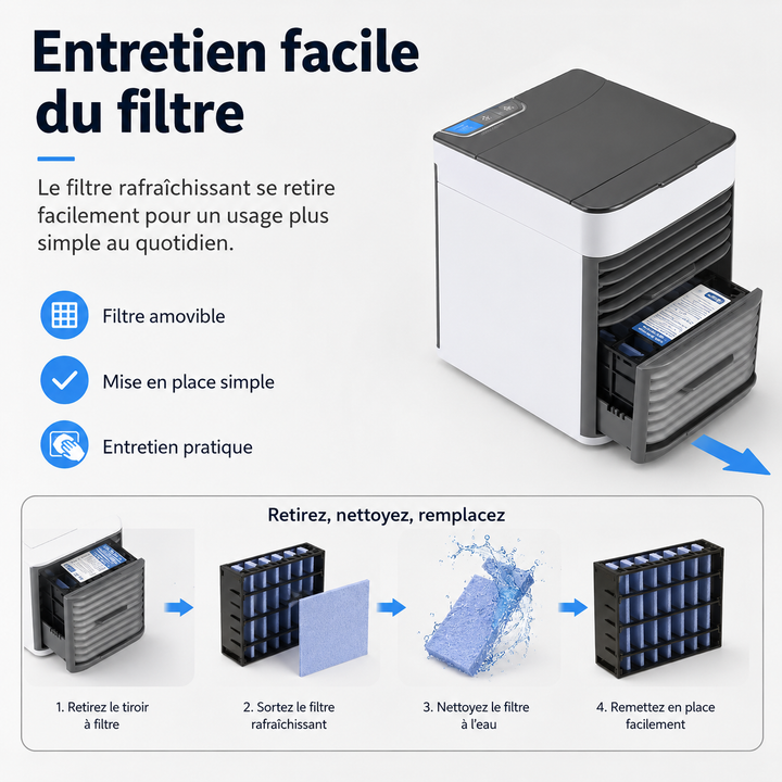 Appareil rafraîchisseur évaporatif compact, diffuse de l'air frais. Idéal pour usage personnel et silencieux.