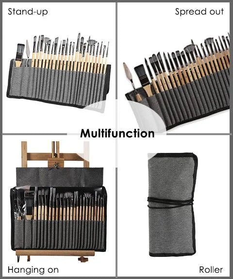 Fournitures d'art complètes: 24 pinceaux professionnels pour acrylique, huile, aquarelle. Boîte élégante bois.
