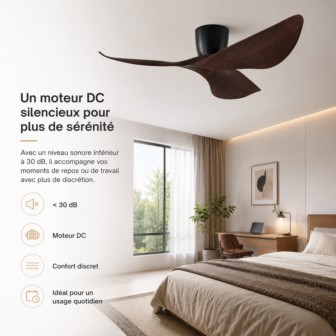 Ventilateur de plafond discret et silencieux pour un confort optimal à la maison, pales en bois.