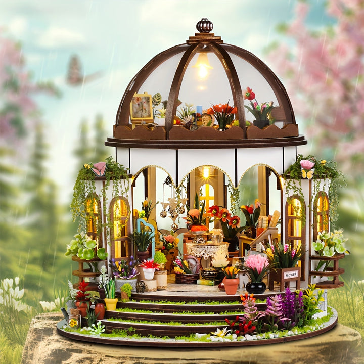 Maison miniature florale, puzzle en bois 3D lumineux. Cadeau original, décoration intérieure unique.