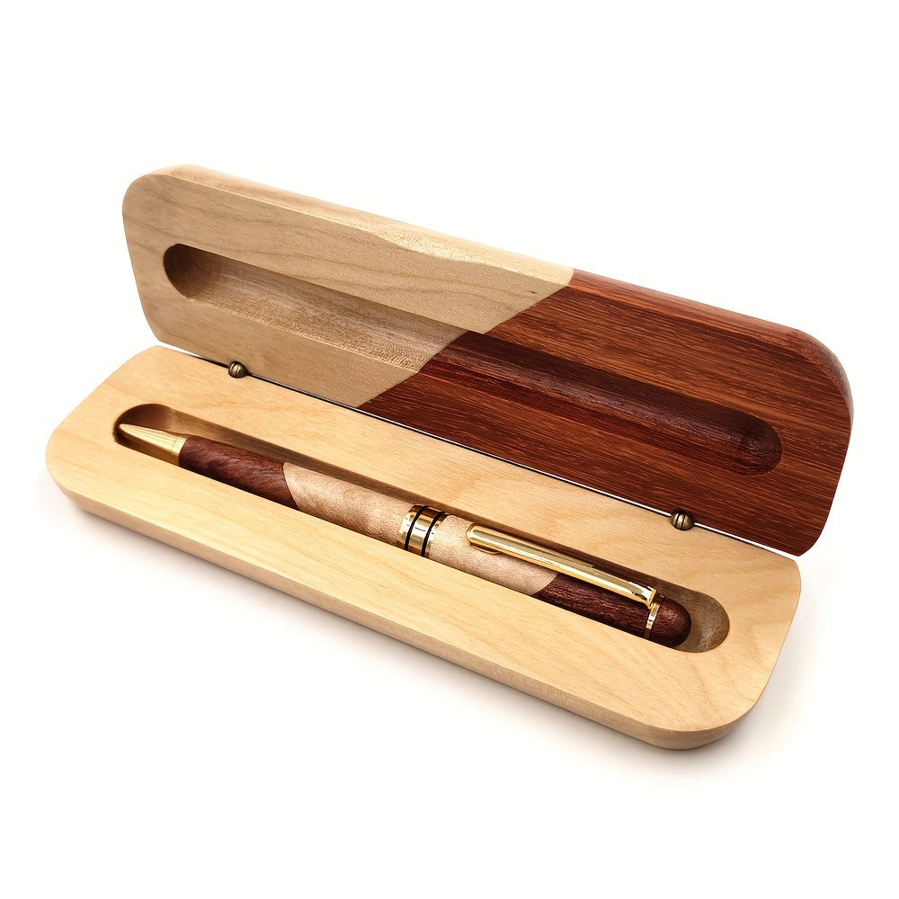 Boîte à stylos en bois fait main avec stylo bille de qualité. Touche de luxe pour votre bureau.