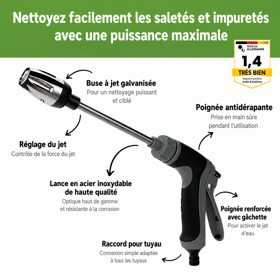 Nettoyeur haute pression polyvalent pour l'extérieur, idéal pour nettoyer jardin, voiture et terrasse.