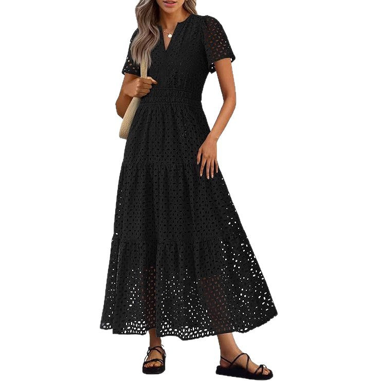 Robe longue estivale pour femme, col V, manches courtes, confortable et légère.
