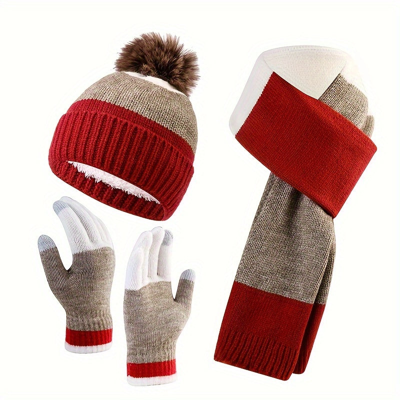 Modèle portant l'ensemble hiver unisexe : bonnet, écharpe et gants chauds tricotés. Mode contre le froid.