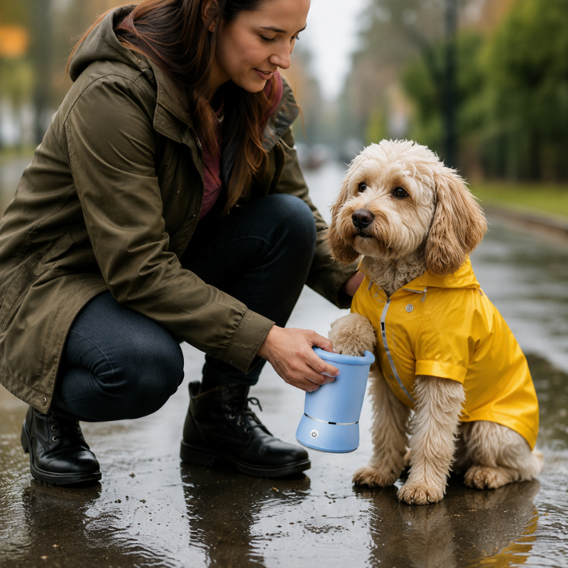 Accessoire de propreté bleu pour chien, nettoyeur de pattes automatique et portable avec brosses silicone.