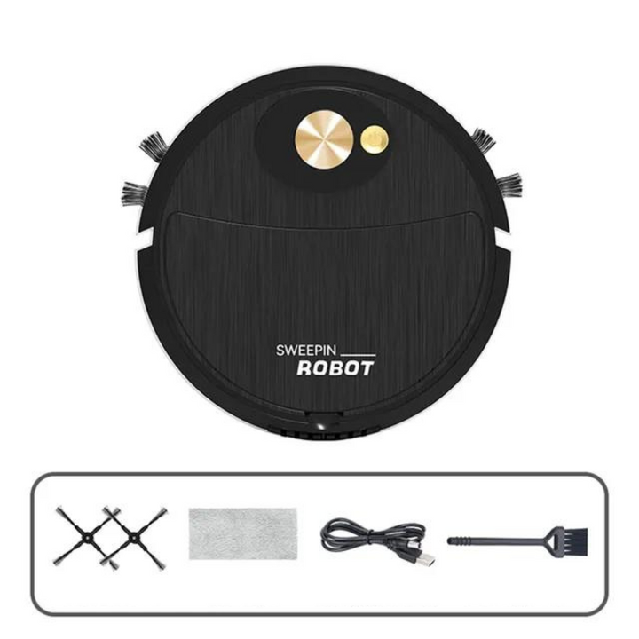 Détail de l'aspirateur robot SmartClean 3-en-1, montrant ses brosses latérales et sa base de chargement.