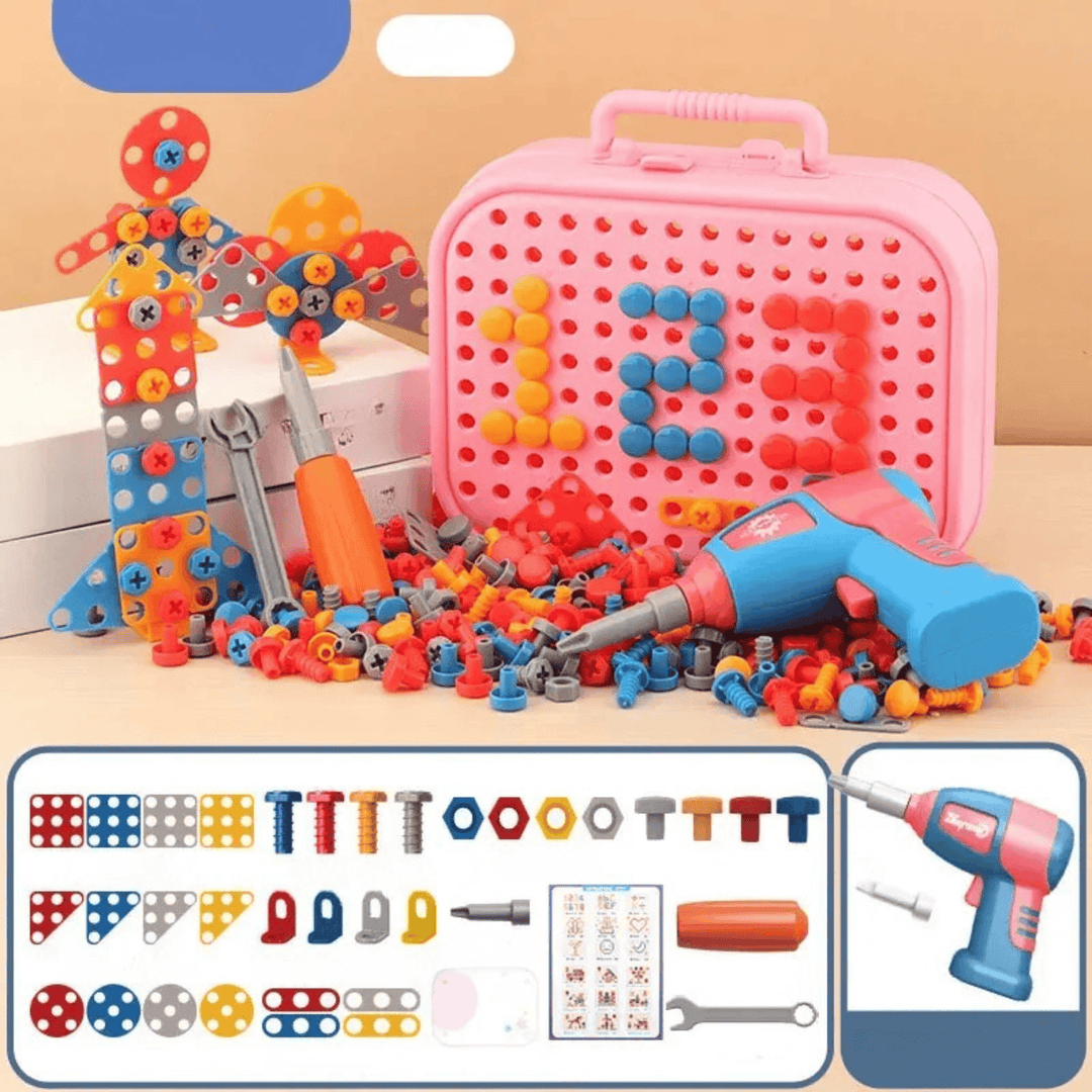 Jeu de construction éducatif pour enfants, perceuse, motricité, créativité, thème dinosaure ou espace.