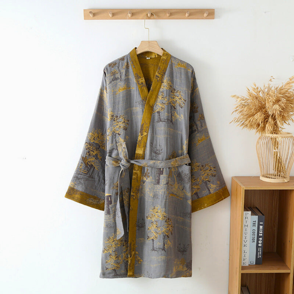 Peignoir kimono ample en coton de luxe, parfait pour homme et femme, toutes saisons, maison ou spa.