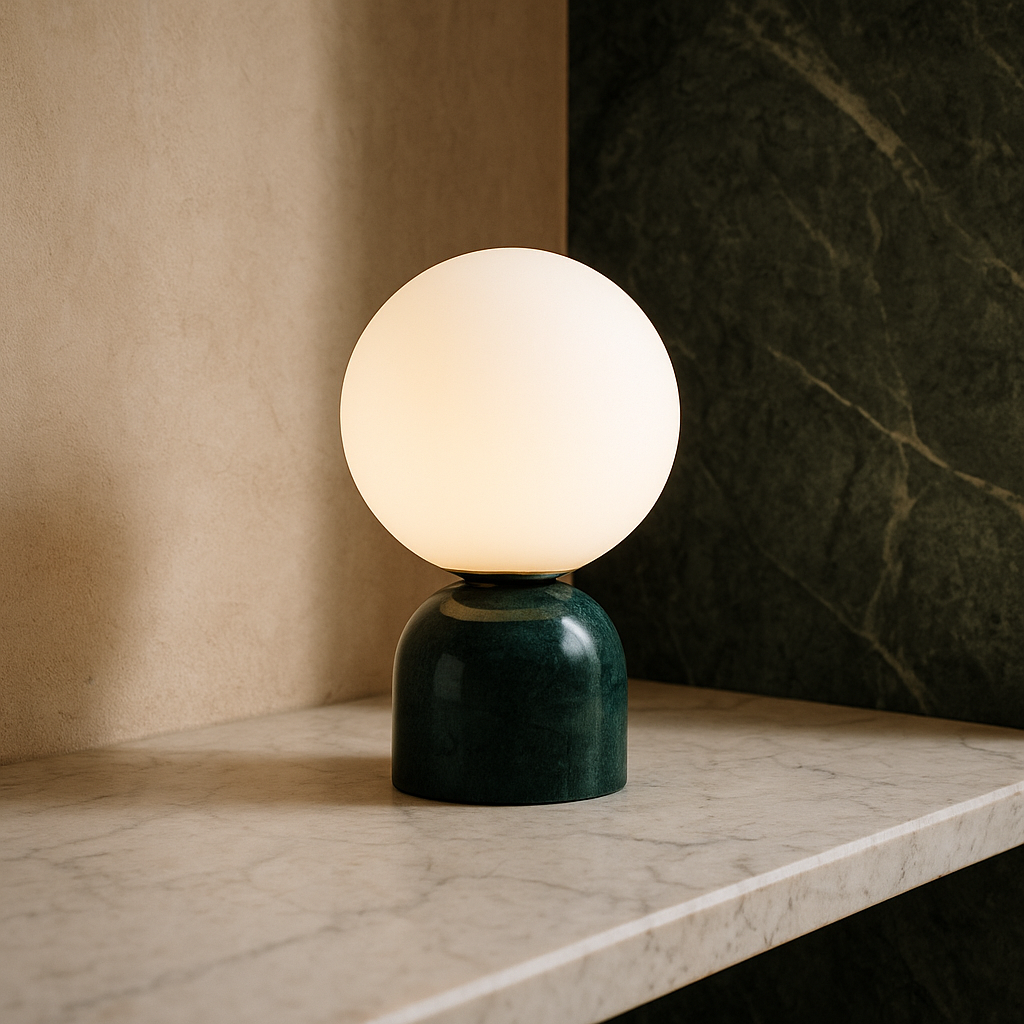 Éclairage d'appoint minimaliste pour table de chevet ou bureau, lampe LED design scandinave en verre.