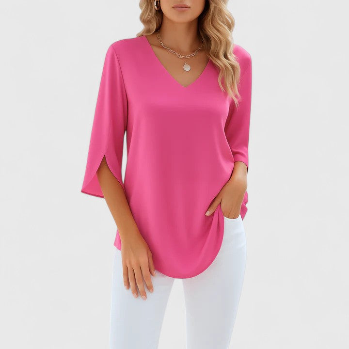 Blouse femme chic, confortable et sophistiquée, idéale pour mode printemps/été, convient au travail et loisirs.