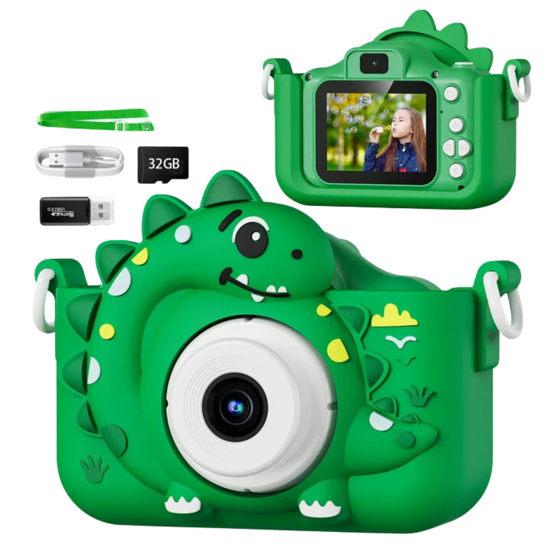 Caméra numérique portable enfant garçon DinoElite, design dinosaure bleu/vert, jouet éducatif pour photos et vidéos 1080p.