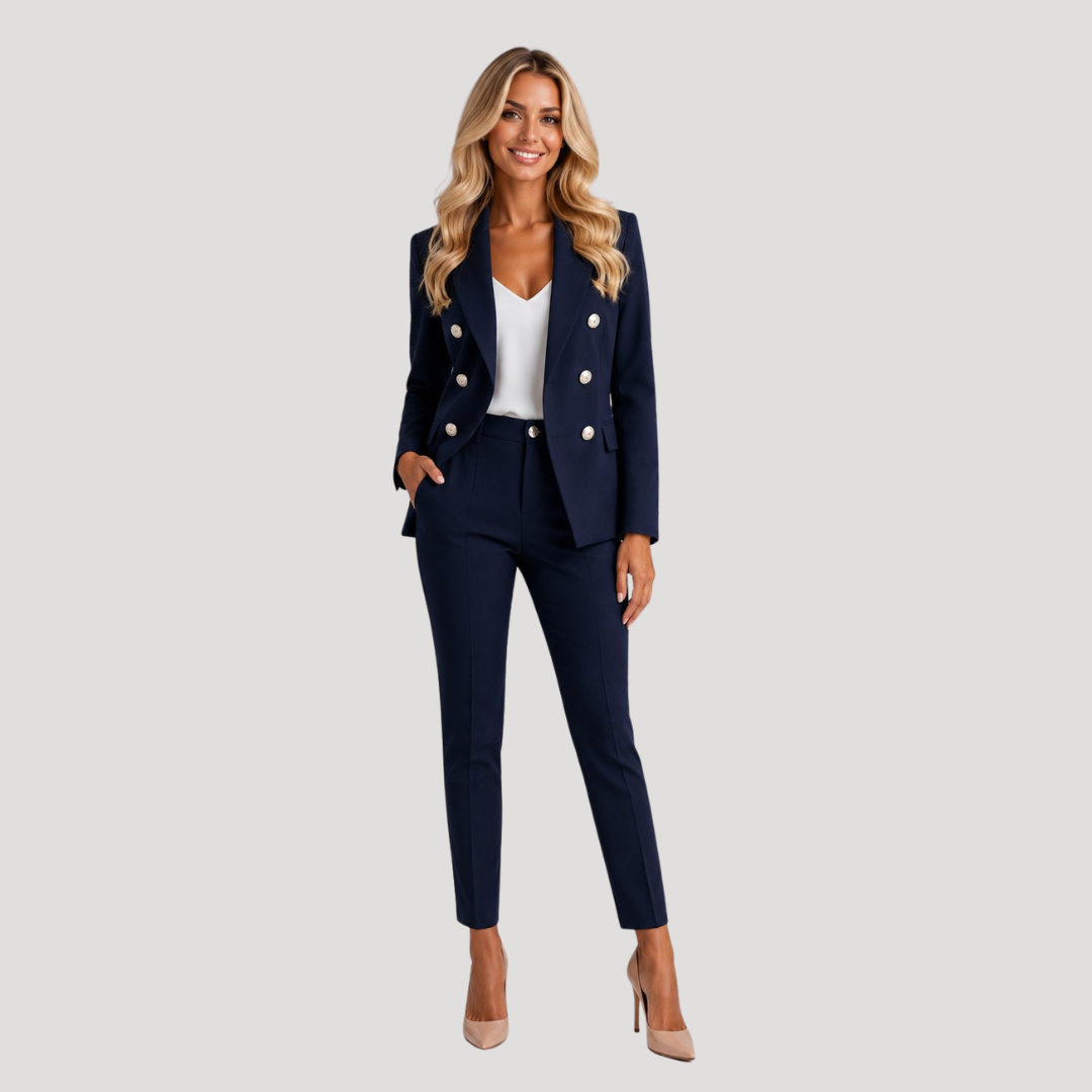 Ensemble tailleur pantalon femme élégant, blazer croisé et pantalon assorti, mode bureau chic.