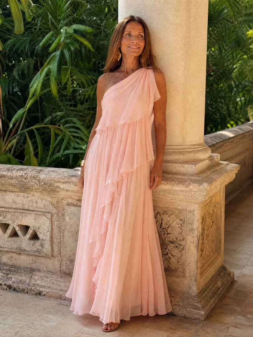 Robe élégante femme maxi, asymétrique à volants, idéale pour soirées et cérémonies.