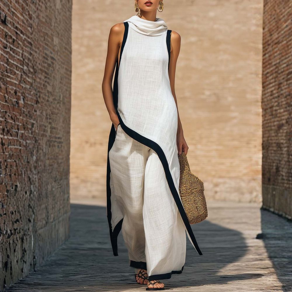 Tenue femme en lin et coton respirant, ensemble tunique asymétrique et pantalon large fluide, idéal été.