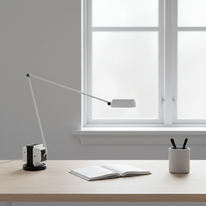 Éclairage LED moderne pour bureau, lampe à bras fonctionnelle, dimmable.
