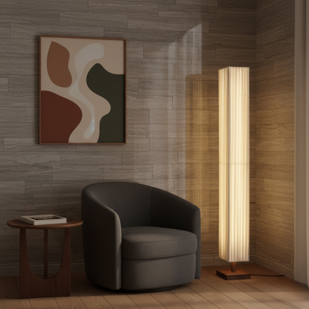 Lampe LED sur pied style japonais moderne, lumière chaleureuse pour ambiance zen dans votre salon.