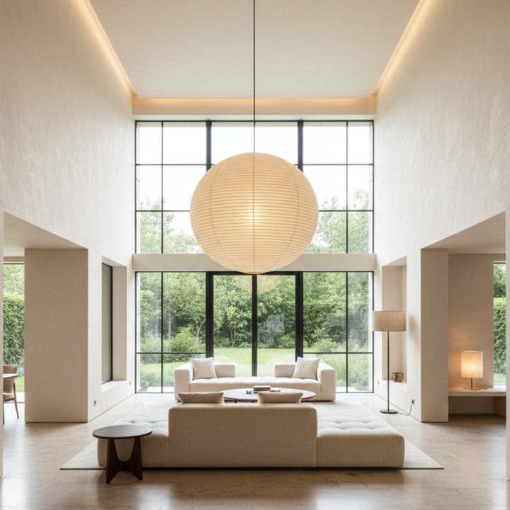 Lampe suspendue ronde Akari pour éclairage ambiant. Style japandi moderne et minimaliste.