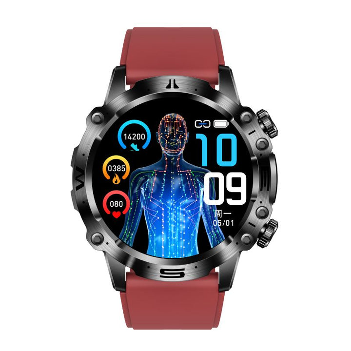 Écran lumineux de la montre connectée affichant le suivi cardiaque, données de fitness et bien-être en temps réel.