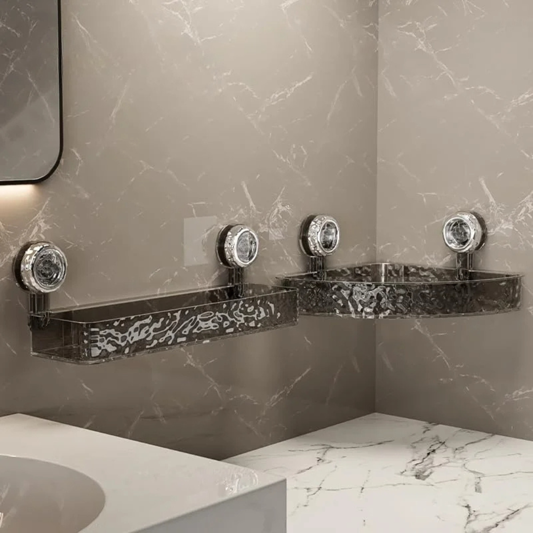 Organisateur de douche OptiShelf rectangulaire gris, rangement mural élégant pour shampoings, fixation ventouse facile.