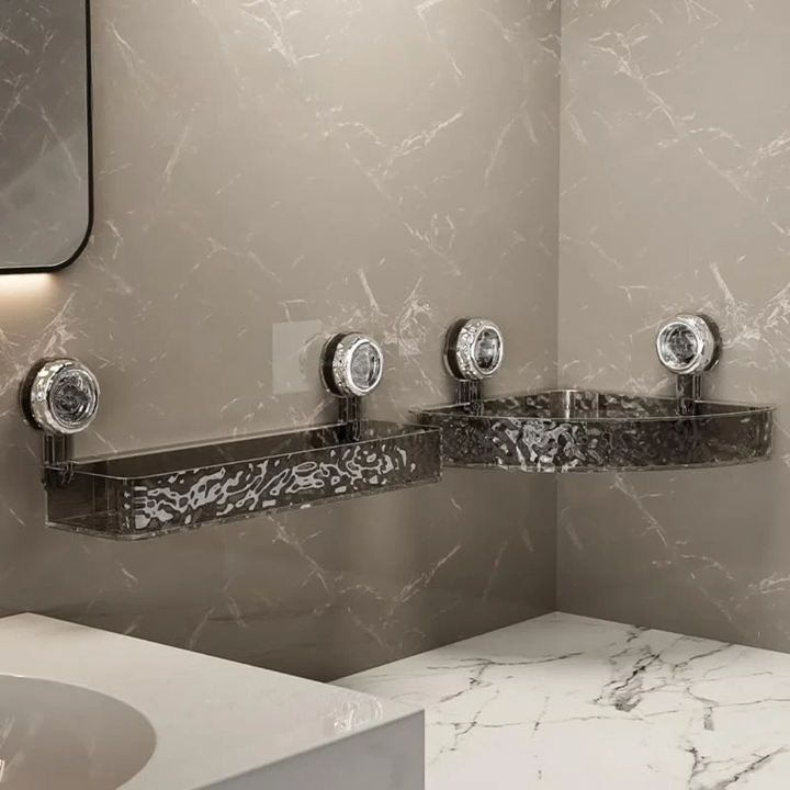 Organisateur de douche OptiShelf rectangulaire gris, rangement mural élégant pour shampoings, fixation ventouse facile.
