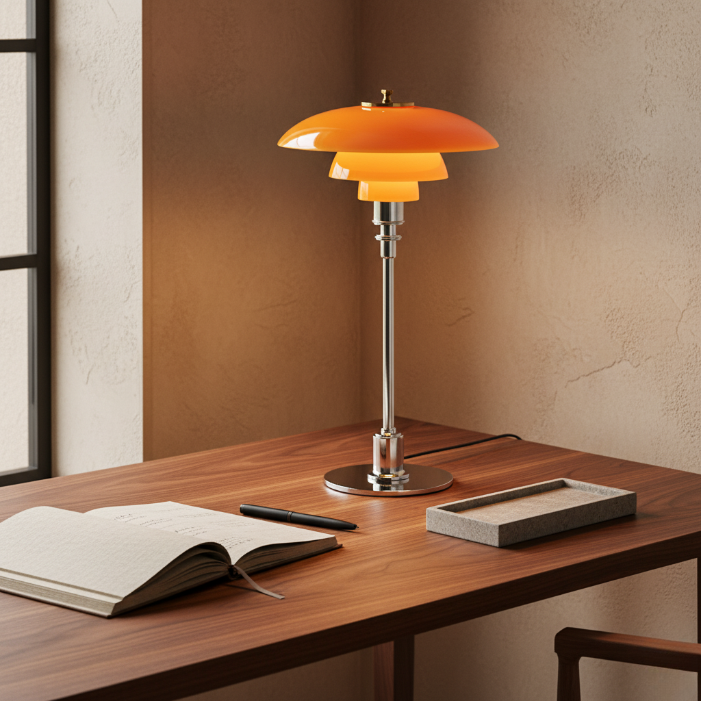Luminaire de table minimaliste, style scandinave, éclairage LED doux pour décoration intérieure.